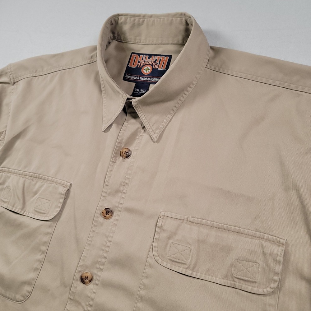 Duluth Trading Co Work Shirt Mens XXL Tall Khaki Solid Relaxed Cotton Utility SS